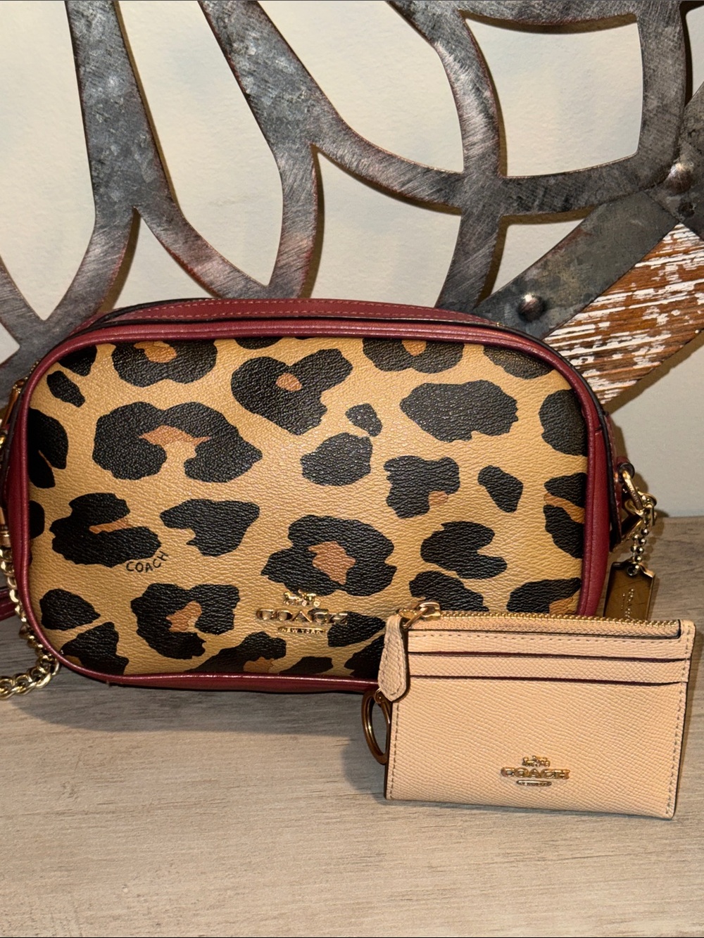 Coach Leopard Print Crossbody with Burgundy Trim and Tan Card Case